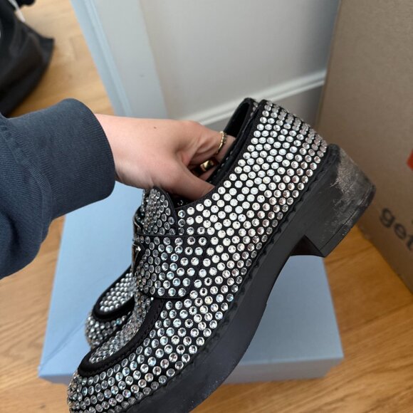 Prada Loafers Black Satin Crystal Embellished Metal Triangle Logo Sz 37 - Picture 11 of 14